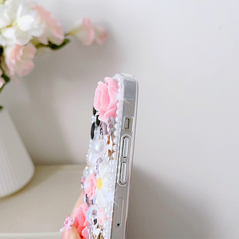 Coque de téléphone de luxe en strass, perle, Rose violette, fleur, pour iPhone11 12 13 14 15 mini/plus/pro/pro max