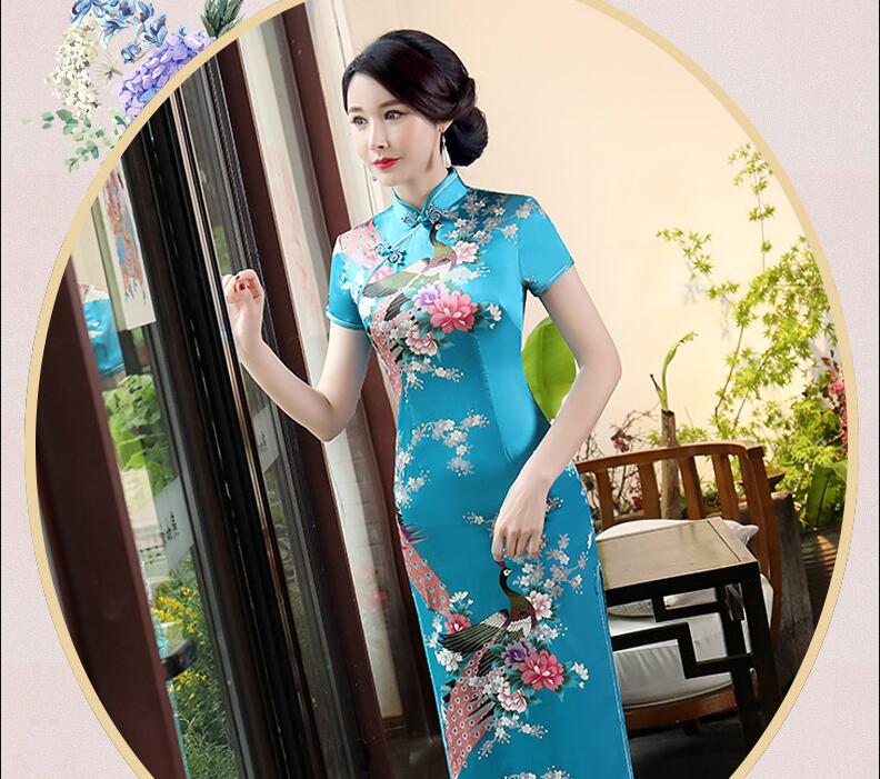 Hot Sale New Chinese Style Women Silk Satin Tang Suit Cheongsam Spring Summer Long Skirts Ladies Sexy Printing Dress Evening Party Dresses QiPao Size S-6XL