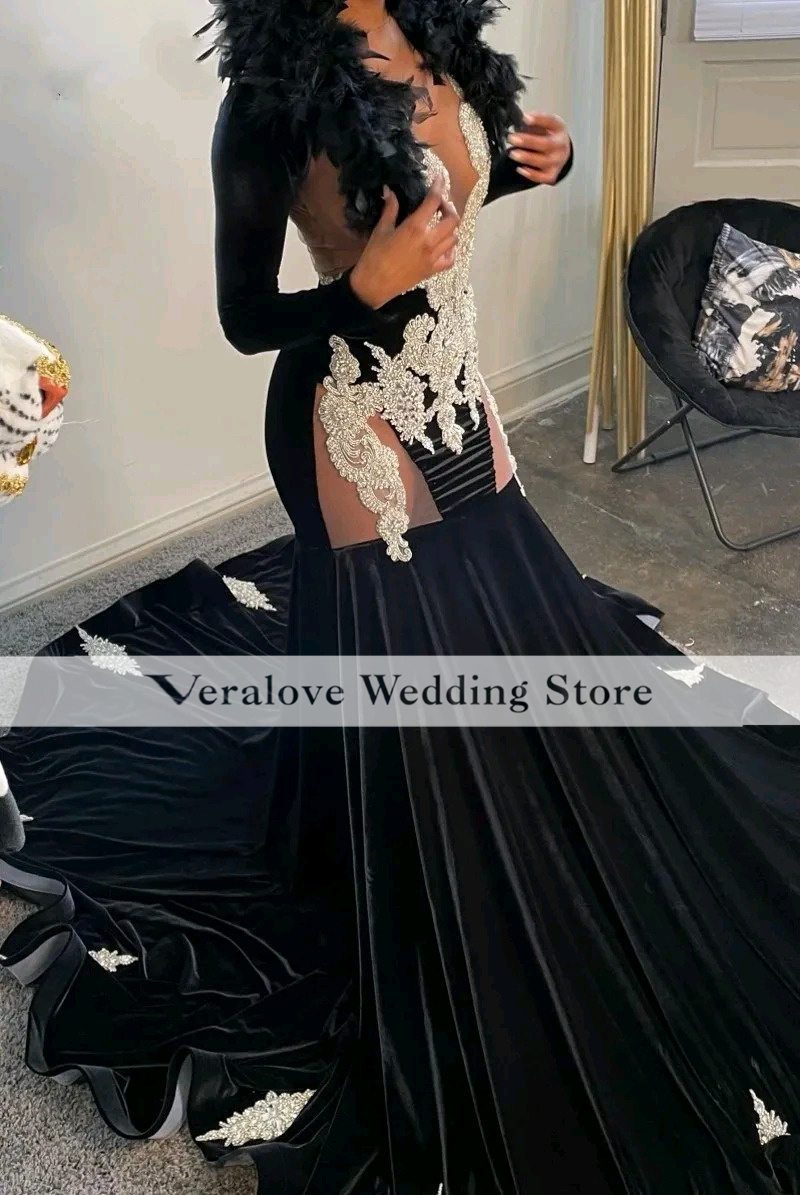 Black Velvet Prom -klänningar för afrikanska fjädrar Kvinnor 2024 Crystal Beading Mermaid Party Gowns Long Sleeve Vestidos de Graduacion