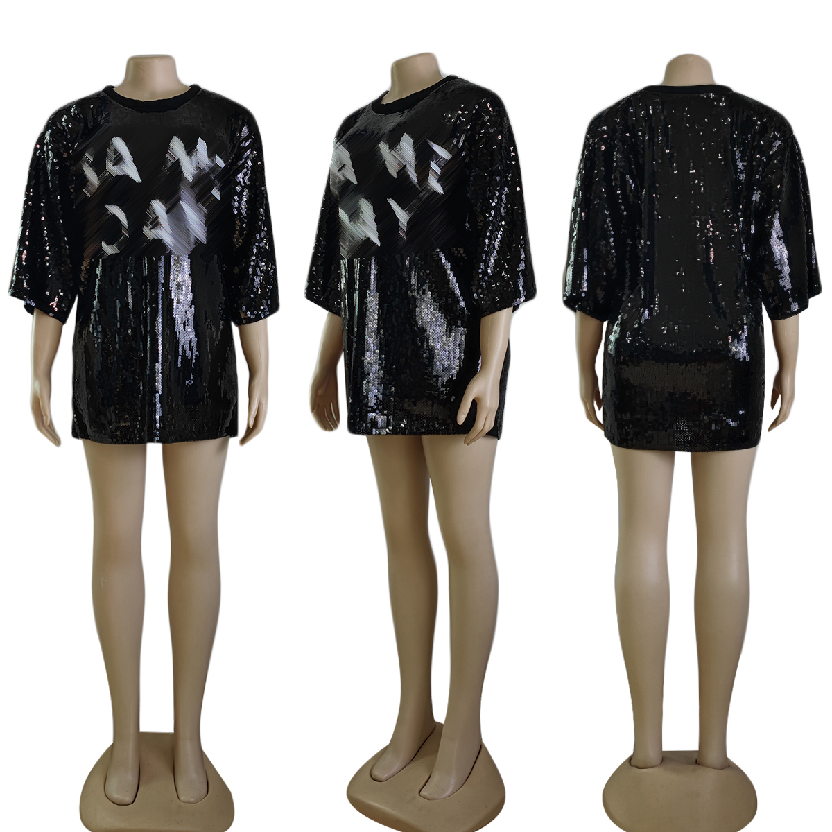 Women's Spring Sparkling Sequin Designer Dress Women's Round Neck Hip Hop Short Tunic Dress Free Ship