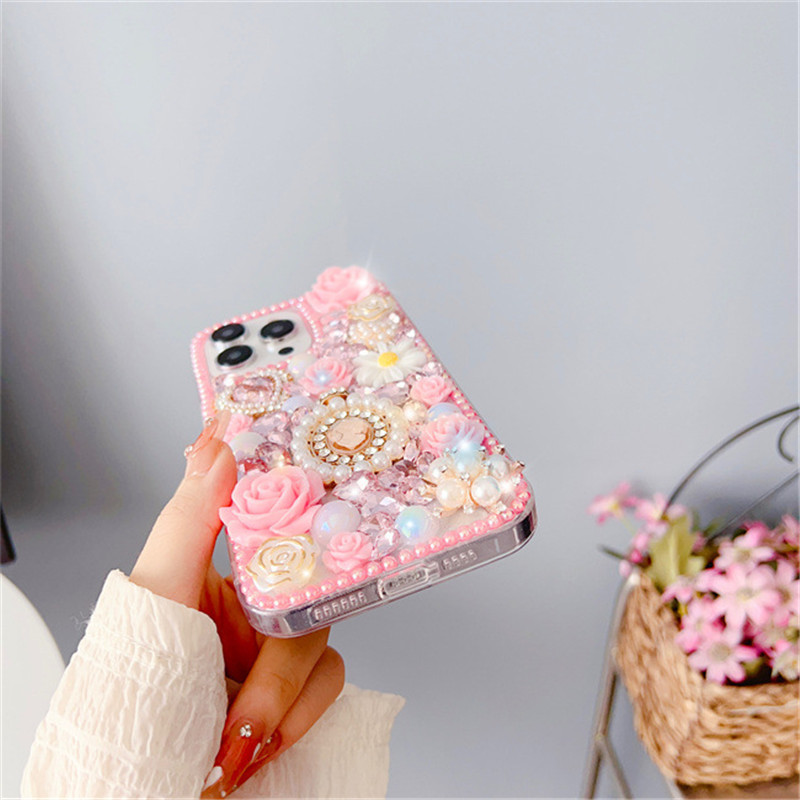 Luxury Rhinestone Pink Purple Rose Flower Phone Case For iPhone11 12 13 14 15 mini/plus/pro/pro max