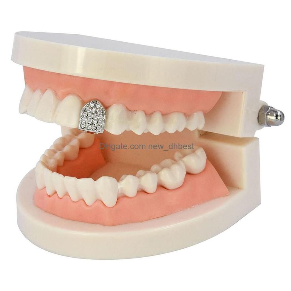 Griglie dentali Grillz Denti in rame placcato oro Bretelle Punk Hip Hop Diamante Bocca singola Fang Dente finto Cap Cosplay Rappe Dhvfz