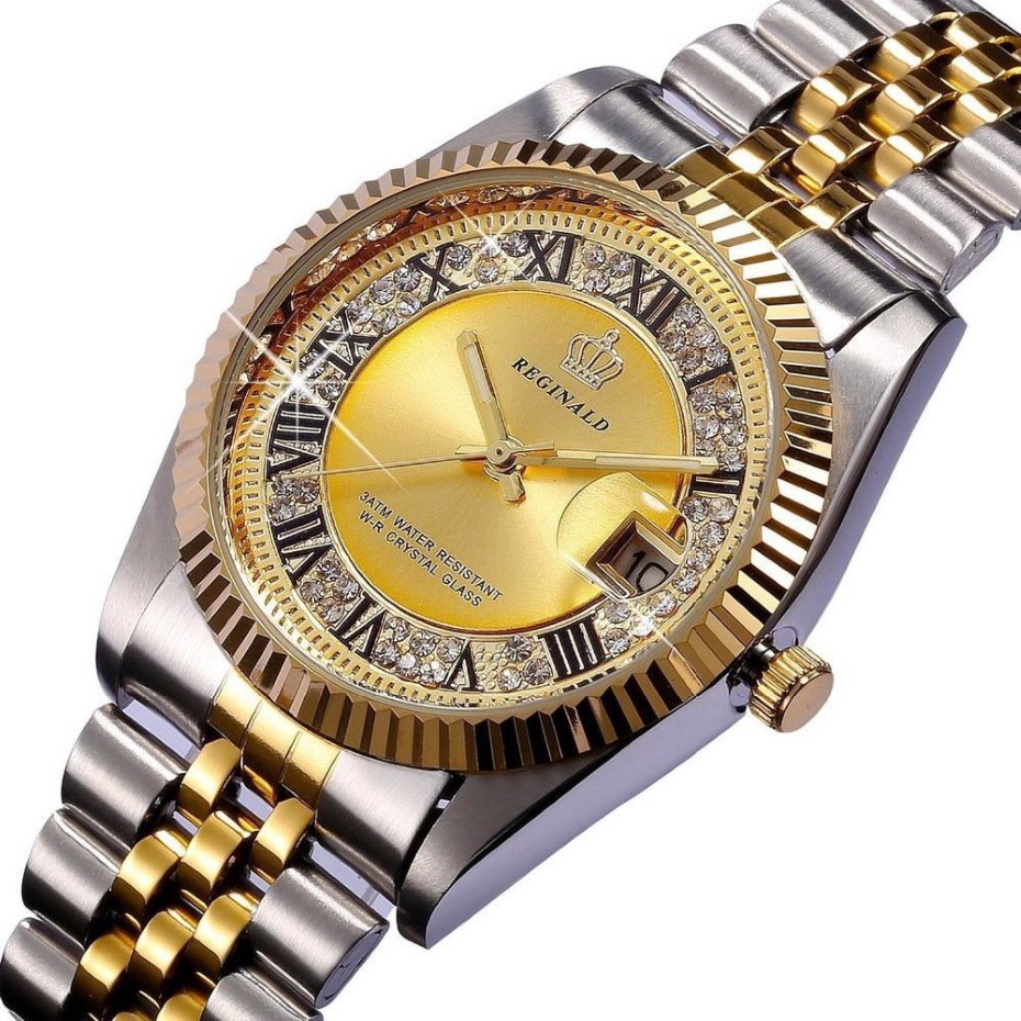 REGINALD Relógio de quartzo masculino Datejust 18k ouro amarelo moldura canelada pérola diamante mostrador luminoso de aço inoxidável completo Clock241J