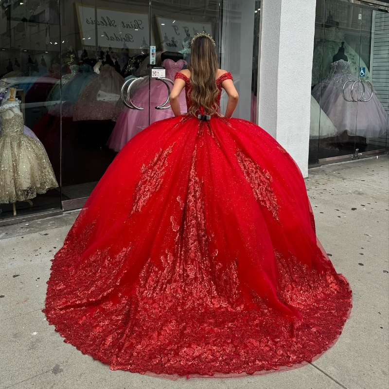Блестящие красные платья принцессы Quinceanera с открытыми плечами и аппликацией из кружева с пайетками, тюлевое платье для дебютанток 15 лет