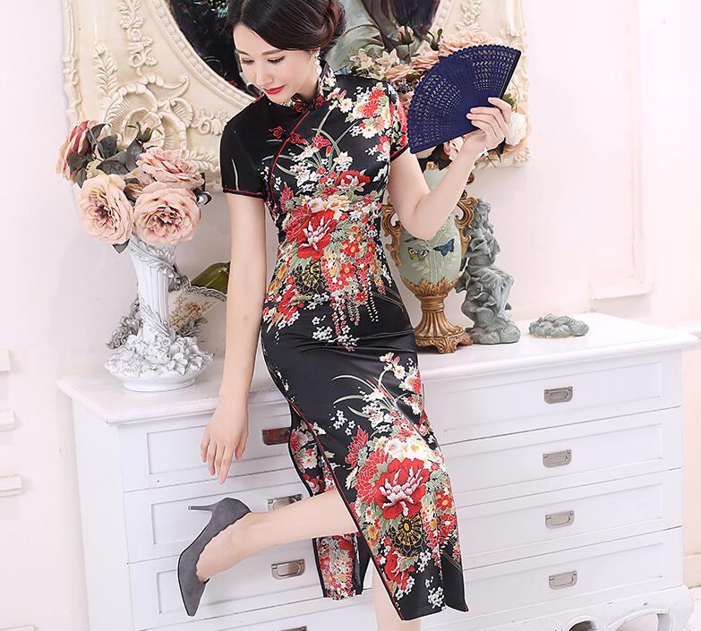 Hot Sale New Chinese Style Women Silk Satin Tang Suit Cheongsam Spring Summer Long Skirts Ladies Sexy Printing Dress Evening Party Dresses QiPao Size S-6XL