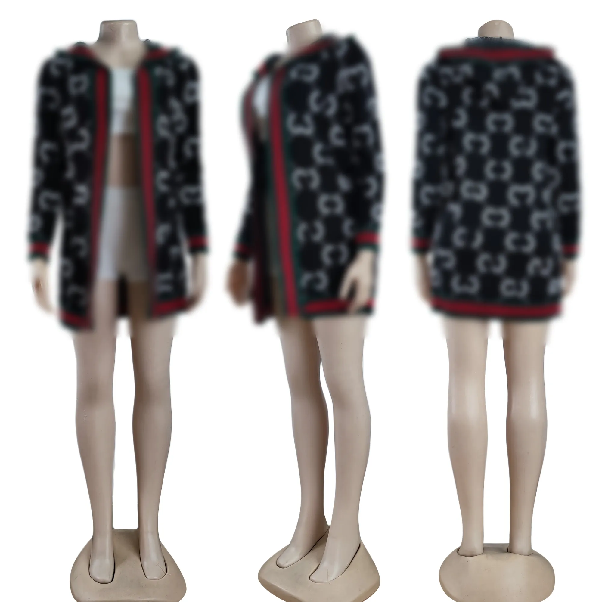 Women's Hooded Sweater Cardigan Women's Red Edge Slit Designer Wool Cardigan Knitted Black Cotton Jacket Free Ship