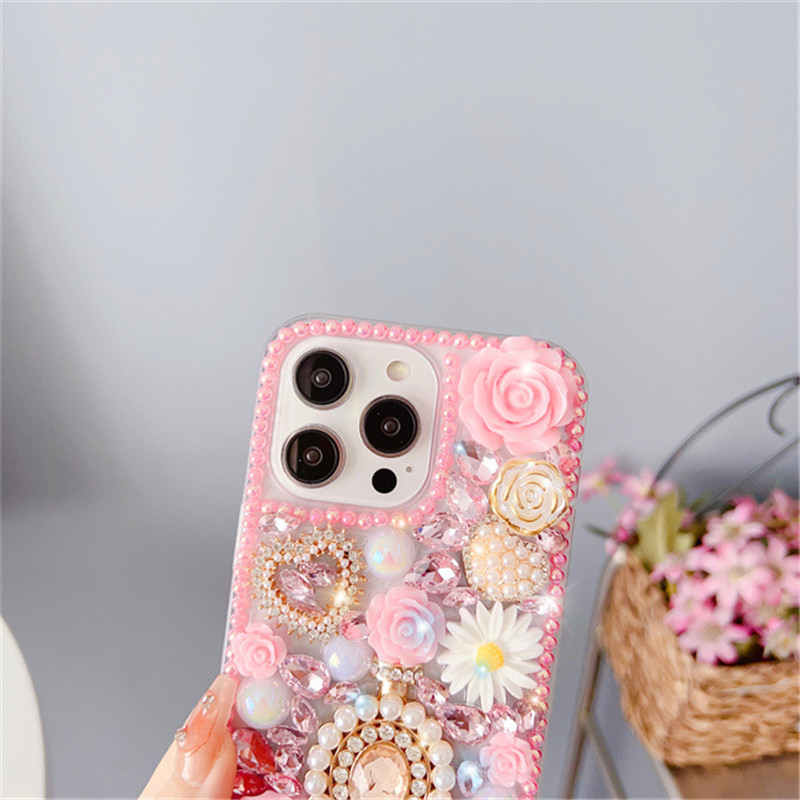 Luxury Rhinestone Pink Purple Rose Flower Phone Case For iPhone11 12 13 14 15 mini/plus/pro/pro max