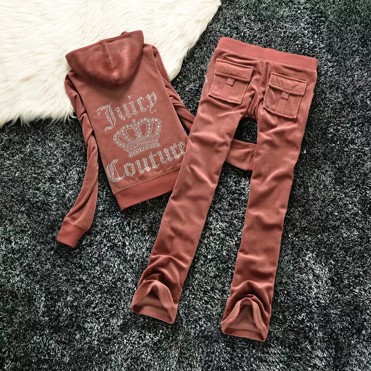 مصمم مصمم Coutoure Tracksuit Girls Juicy Set Juicy Hoodie محصول طويل الأكمام راينستون الترتر الكريستال القطن.