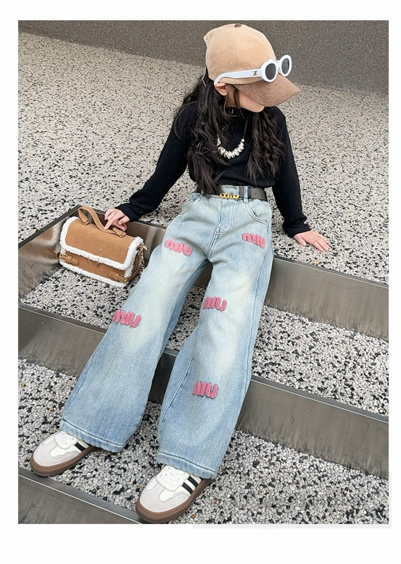 Модные джинсы для больших девочек, старые детские джинсовые брюки с вышивкой в виде букв, весна 2024, ковбойские брюки с широкими штанинами для подростков, Z6925