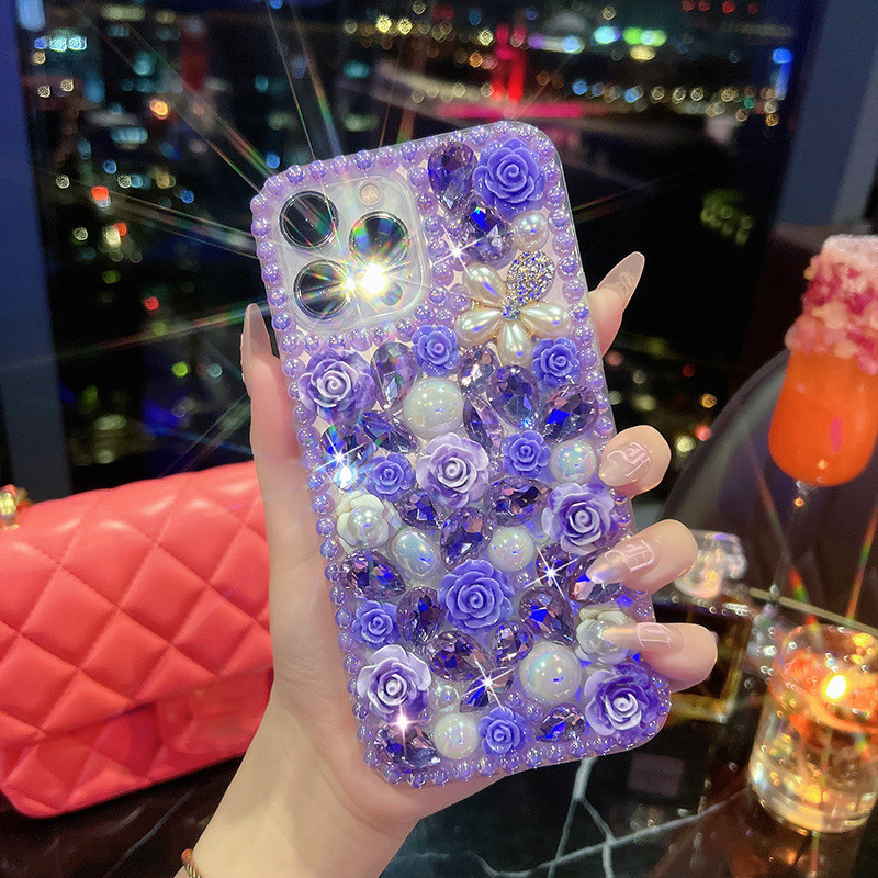 Luxe Strass Parel Paars Rose Bloem Telefoon Case Voor iPhone11 12 13 14 15 mini/plus/pro/pro max