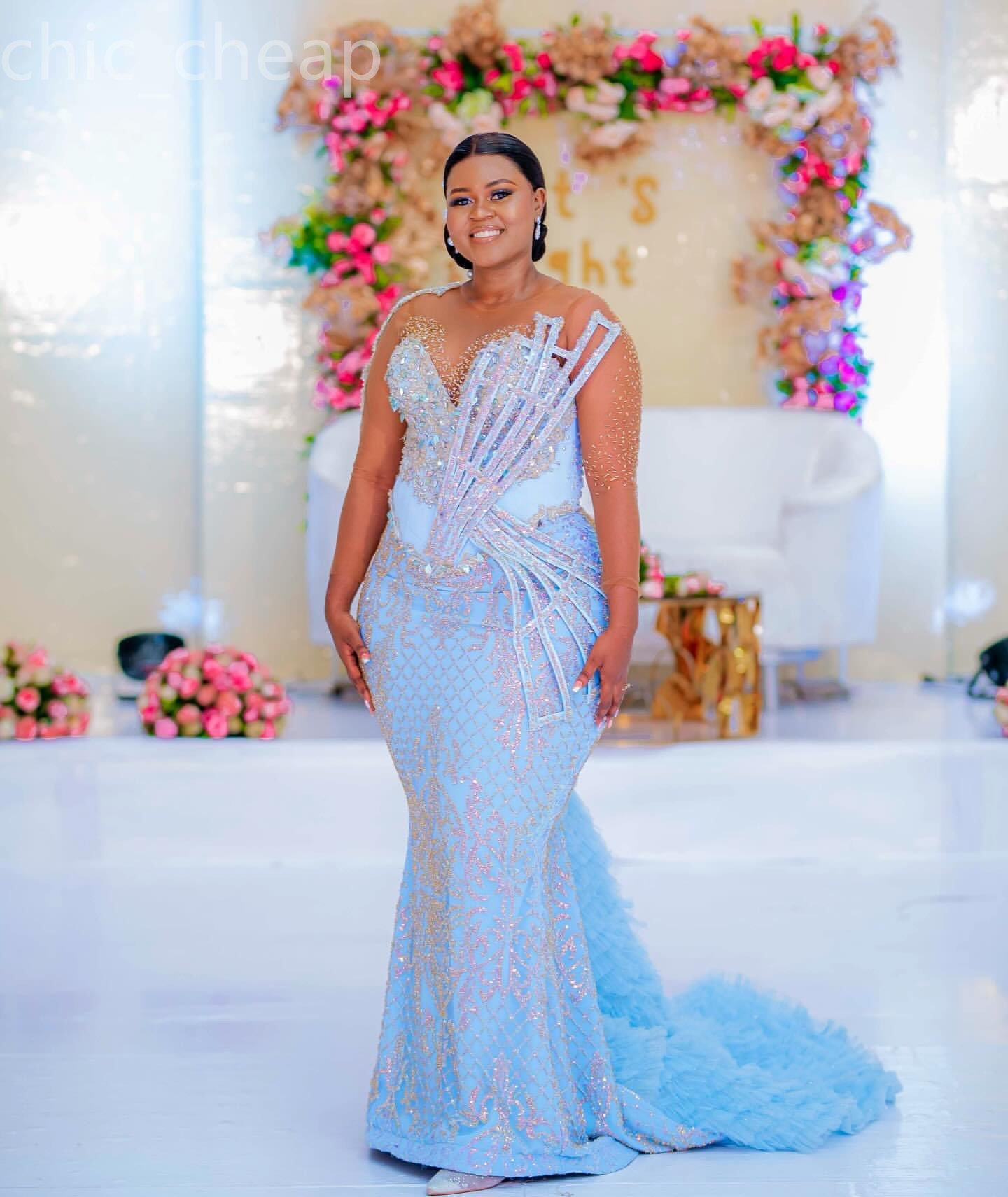 2024 ASO EBI LIGHT Sky Blue Mermaid Prom Dress Beaded Crystals Evening Formal Party Second Reception 50th Birthday Engagement Gowns Dresses Robe de Soiree ZJ88