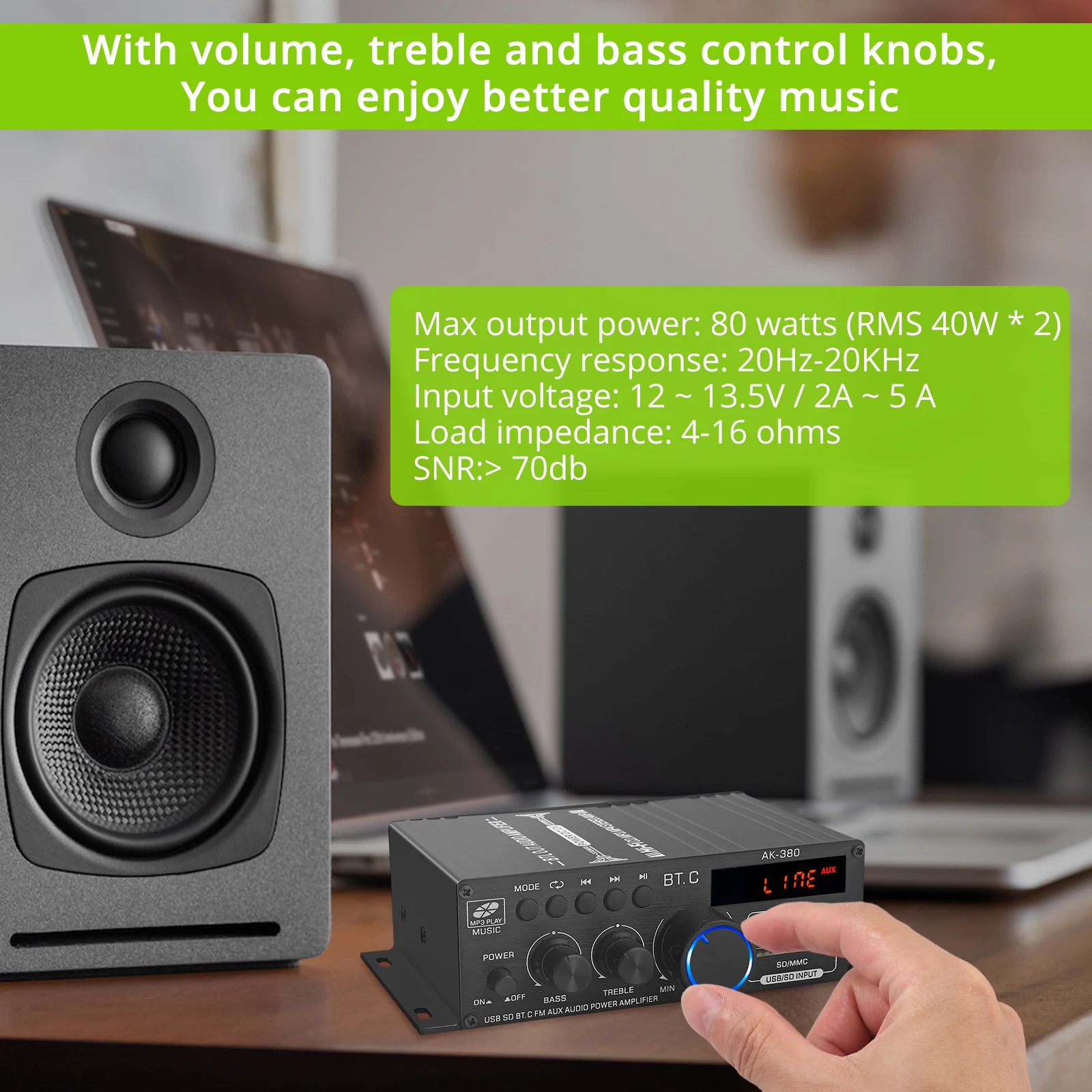 Luidsprekers Prozor 2.0 CH BluetoothCompatibele audio-eindversterker Volume Bass Treble Control Muziekspeler Luidspreker Geluidsversterker 80W AK380