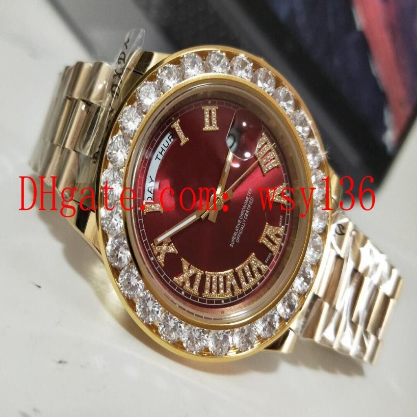 Luxury -Selling Red Dial Mens handledsavlocka Dagdatum II 18K Yellow Gold 41mm President 228238 Diamond Men's Casual Watches239o