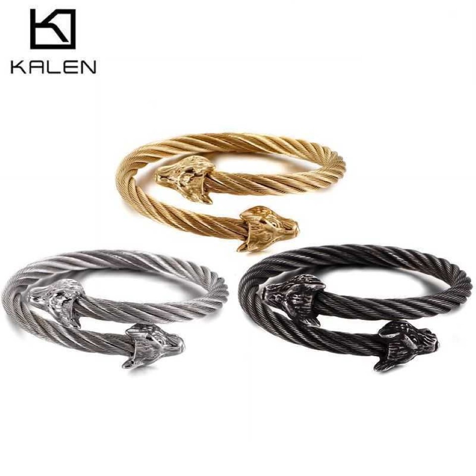 Punk Stainless Steel Matte Viking Wolf Dragon Charm Bangle Man Hip Hop Cable Wire Gold Animal Cuff Bracelet Men Jewelry 210713159p