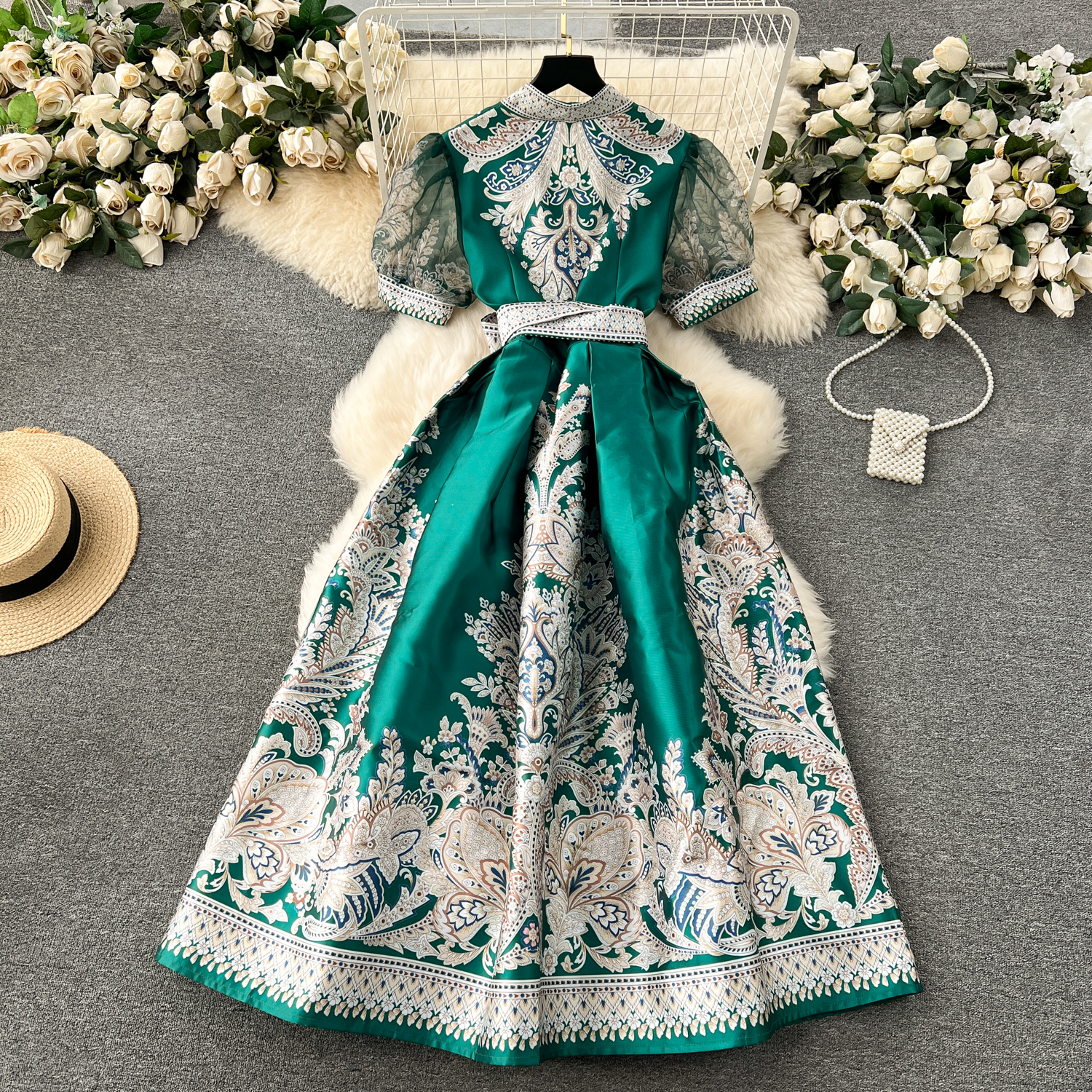 Casual Dresses Summer Bohemian Paisley Long Dress Women's V-neck Short Puff Sleeve Vintage Print Bandage Lace Up Robe Vestidos Clothes 2024