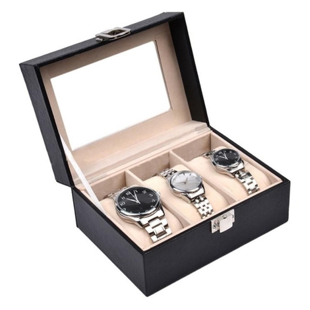 Boîte de montre 2 3 grilles, boîte à bijoux en cuir PU noir, remontoir de montre, étui de rangement, support d'affichage, cadeau 303u