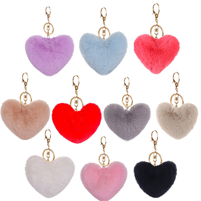 Porte-clés coeur boule Pom porte-clés moelleux fausse fourrure de lapin pompon femmes sac pendentif bijoux porte-clés cadeau de fête