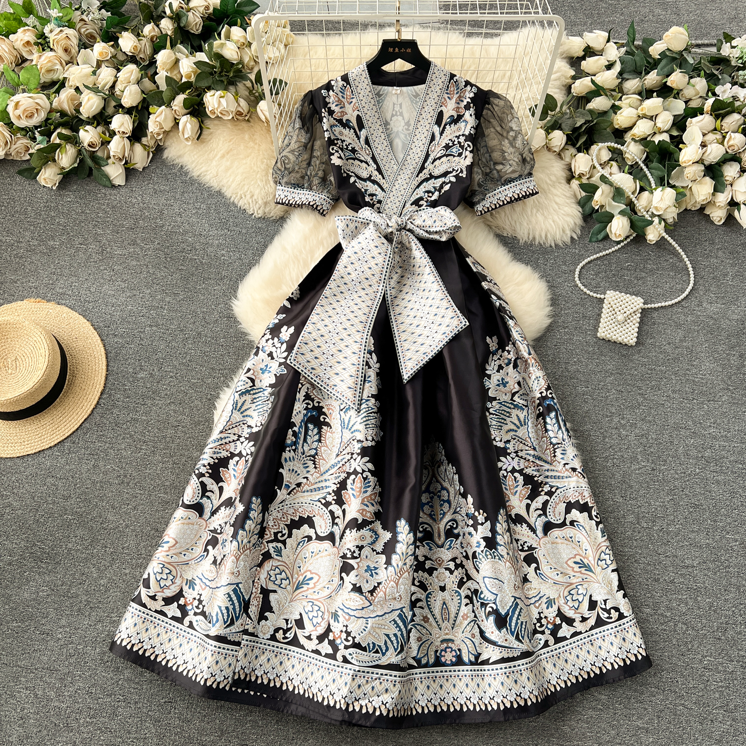 Casual Dresses Summer Bohemian Paisley Print Long Dress Women's V-Neck Short Puff Sleeve Vintage Print Bandage Lace Up Robe Vestidos Clothes 2024