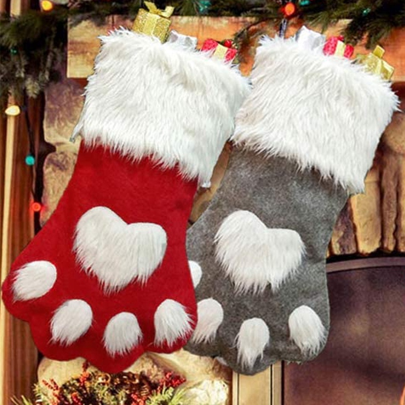 Juchiva Cat Costumes Dog Palm Christmas Stockings Plush Hanging Socks for Holiday and Decorations Large/18in 2-Pack/Grey Red