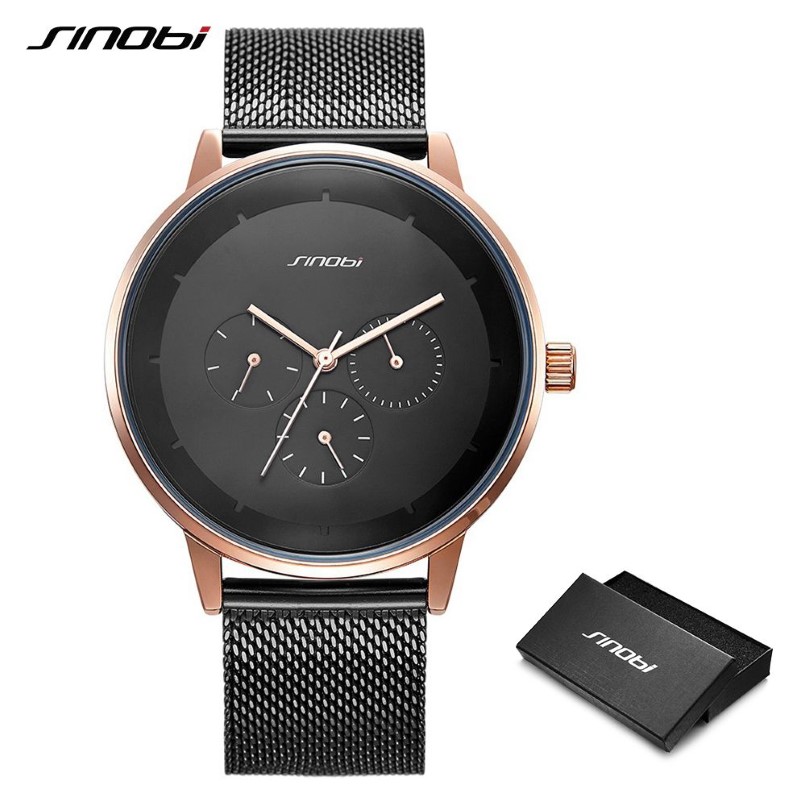 Fashion Quartz Men Watches Sinobi Top Brand Luxury Business High Quality Alloy Slim Mesh Strap Casual Week Clock Calender Watch237b