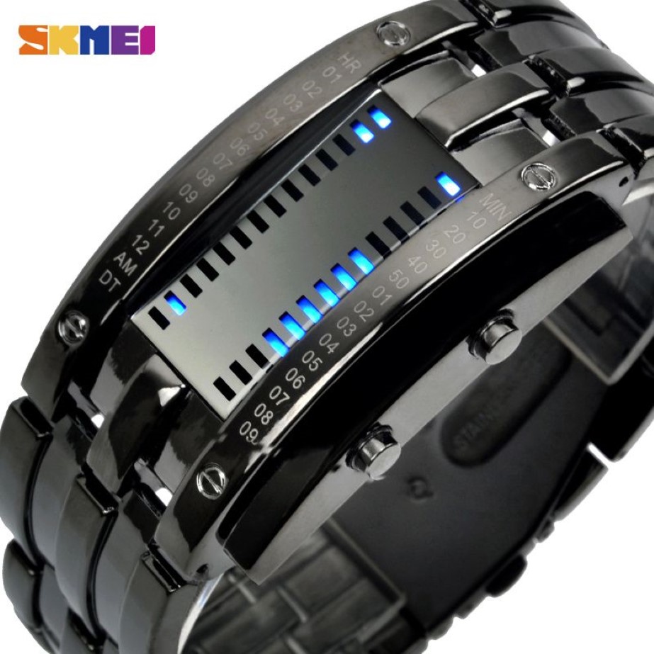 SKMEI Fashion Creative Sport Watch Men Stainless Steel Strap LED Display Watches 5Bar Waterproof Digital Watch reloj hombre 0926189A