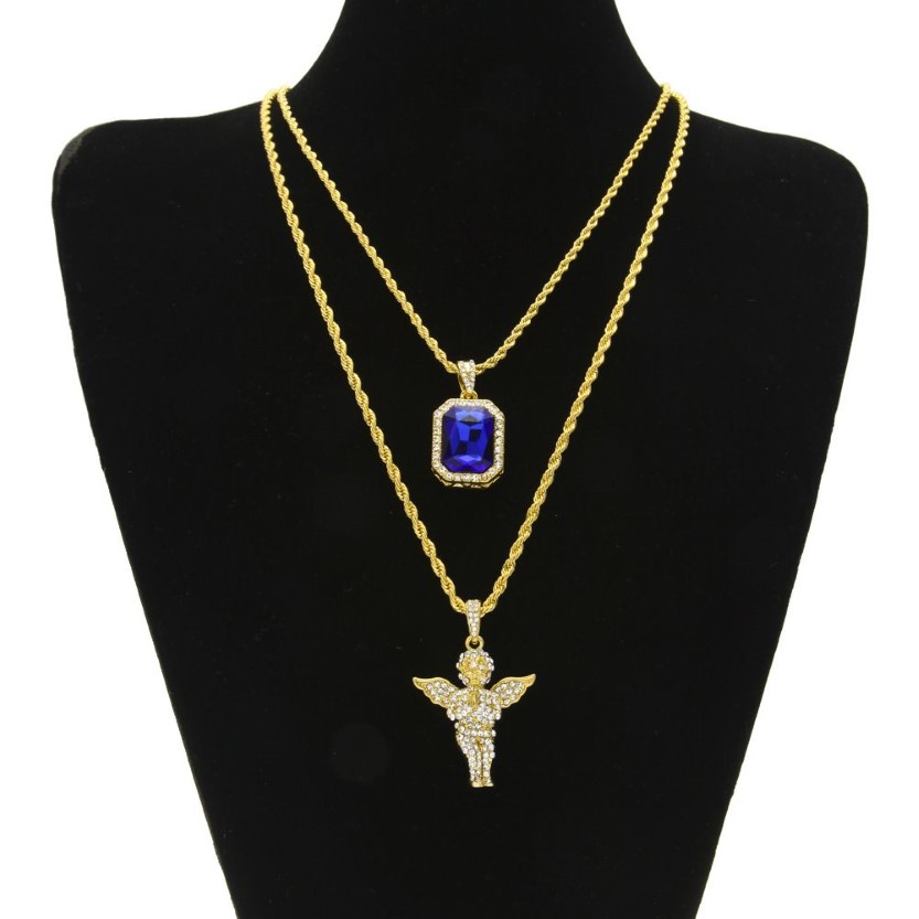 Iced Out Ruby Ketting Set Merk Micro Ruby Angel Jesus Wing Hanger Hip Hop Ketting Mannelijke Sieraden Whole238W