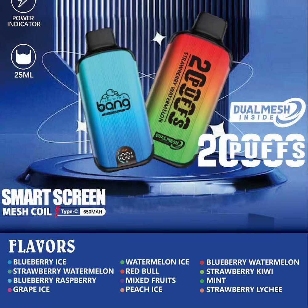 Bang 20000 Puffs Smart Screen Puff 20k Sigarette elettroniche usa e getta Vape 0% 2% 3% 5% 25ml Pod preriempito 650mah Batteria ricaricabile Penna vs puff 12000 12k bang box 12000 12k 18000
