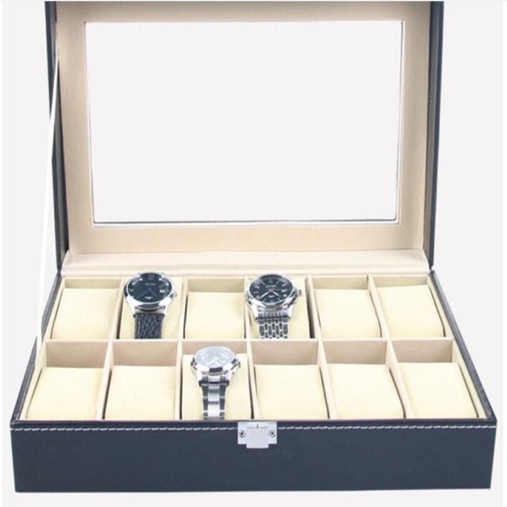 Caixa de relógio de couro sintético, caixa de exibição, organizador, 12 espaços, armazenamento de joias, 271z