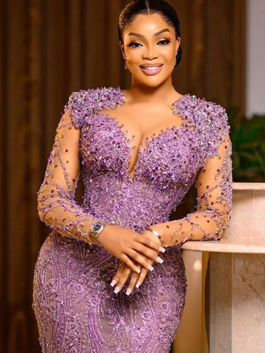 2024 Aso Ebi Lilac Sheath Prom Dress Beaded Lace Sexy Evening Formal Party Second Reception Birthday Engagement Gowns Dresses Robe De Soiree