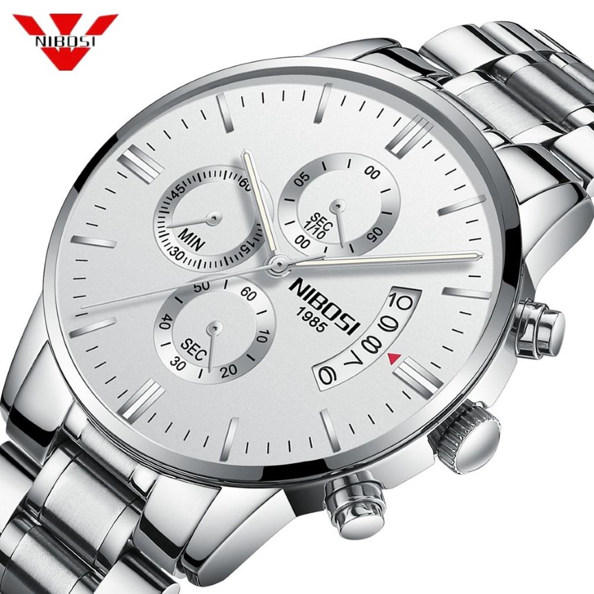 Relogio Nibosi Luxury Famous Top Brand Men Sliver White Wristwatch Waterproof Clock Quartz Watch for Men Relogio Masculino285m