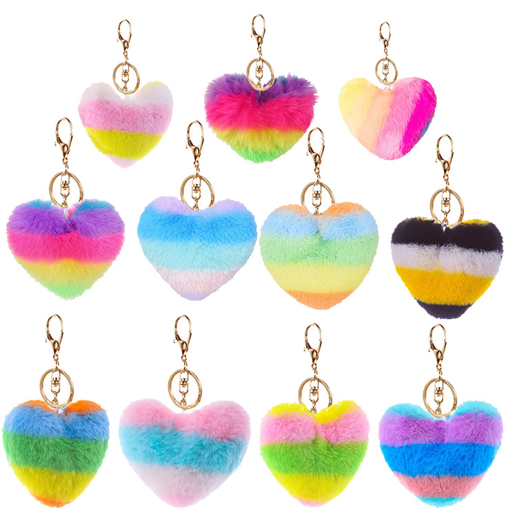 Fashion Splicing Heart Ball Pom Pom Keychain Fluffy Faux Rabbit Fur Pompom KeyChain Women Bag Charms Trinket Christmas Keyring