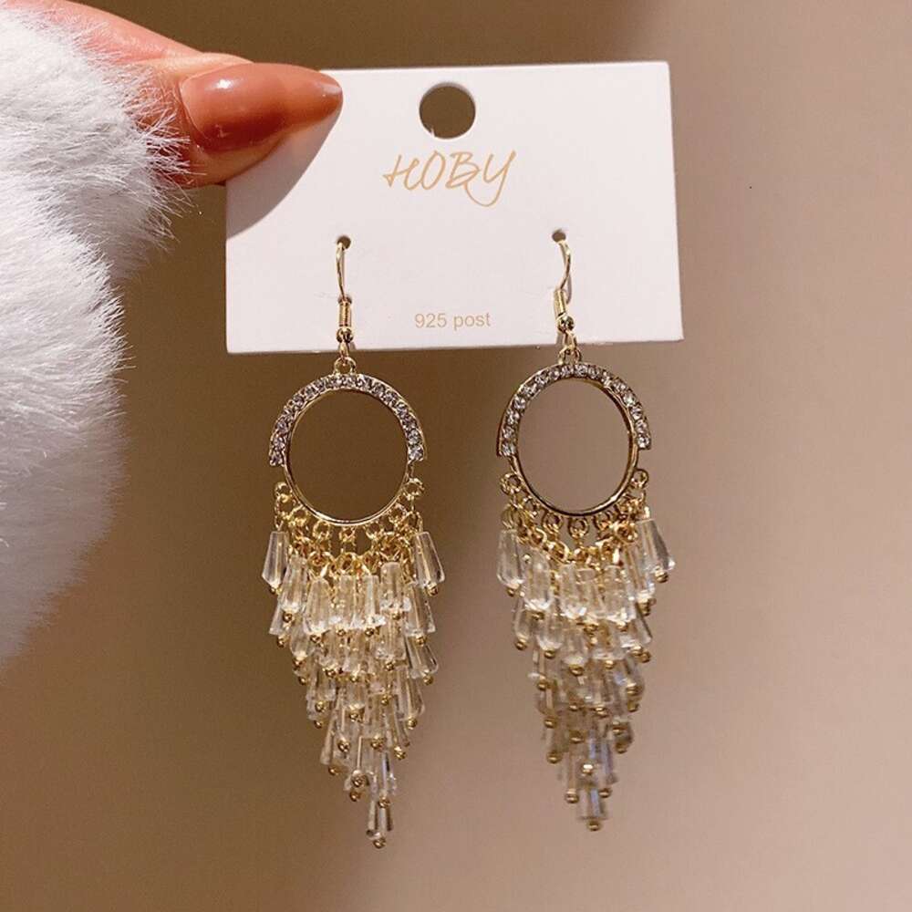 Sier Needle Full Diamond Long Tassel Cold Exaggerate Personality Internet Red New Fashionable Style Earrings for Women