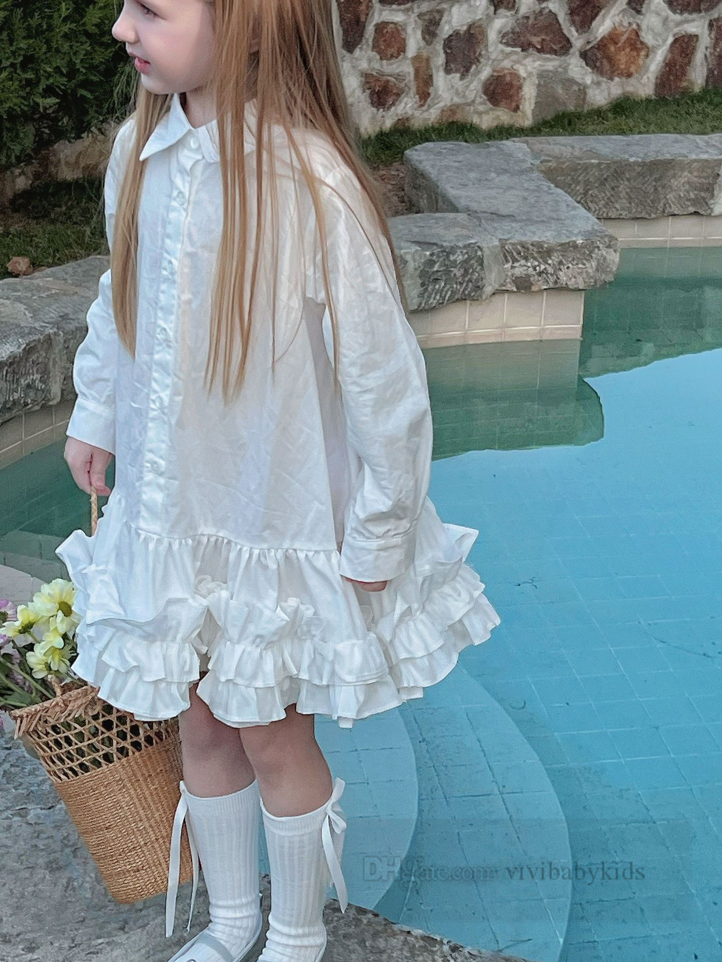 2024 Spring girls tiered falbala hem dresses kids lapel single breasted long sleeve shirt dress children princess clothes Z6970