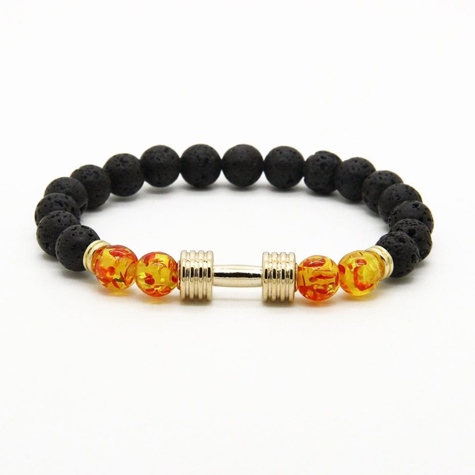 أساور الرجال كاملة التصميمات الجديدة المعدنية الجديدة Barbell 8mm Amber Beads Lava Rock Stone Faction Bracelets 270y