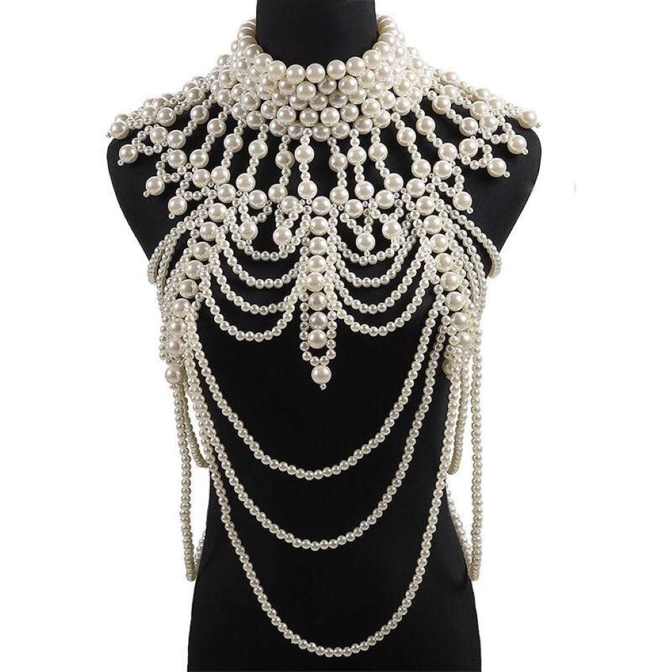 Retro Advanced Pearls Crystal Body Jewelry Chain SexyHandmade pärlstav kvinnor brud bröllopsklänning stor halsband smycken accessor274b