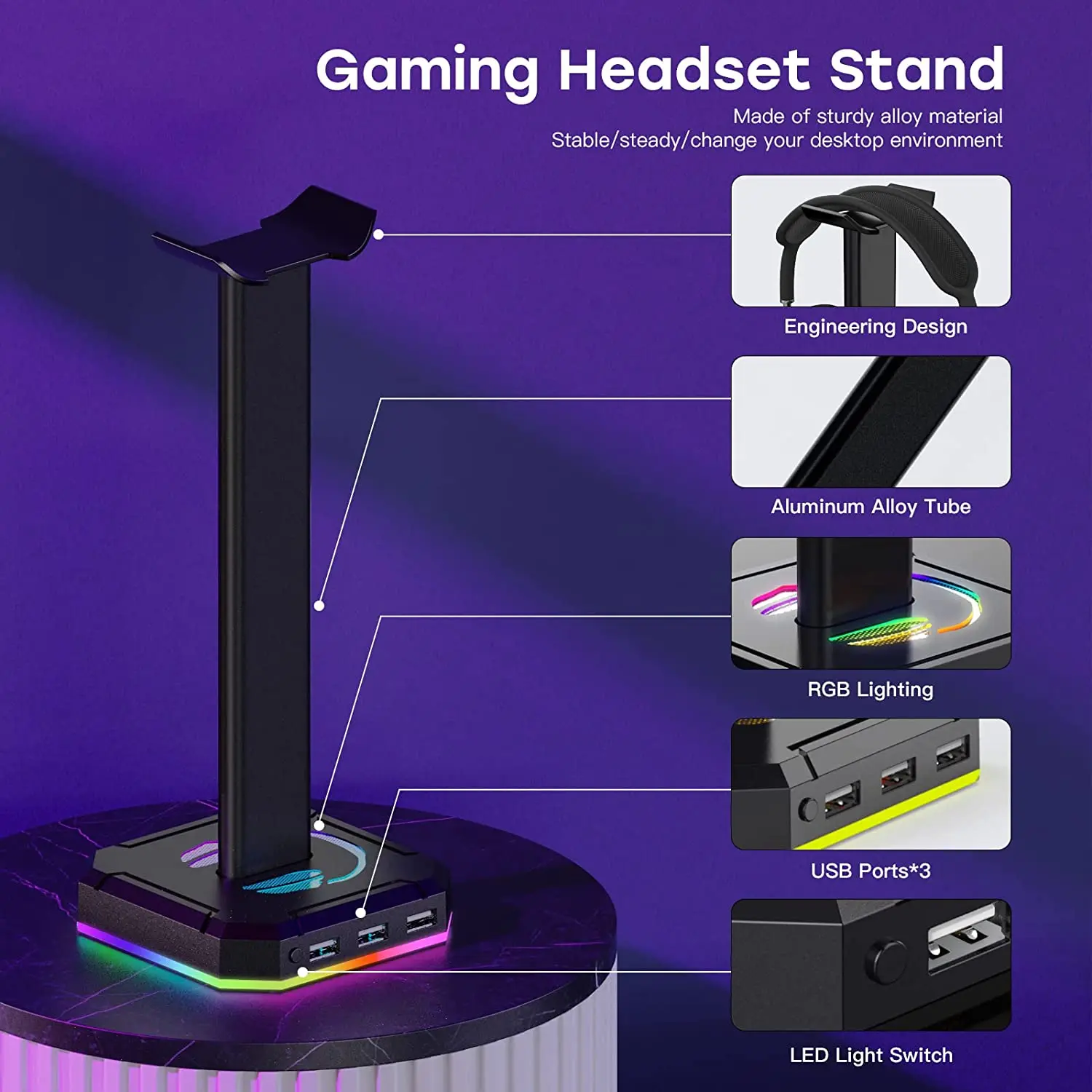 Headphones BIGONE Headphone Stand Gaming Headset Holder with RGB Light Stand for Most Gaming Headphone/Bluetooth Headset/Telephone Headset