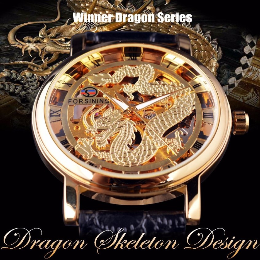 ForSining Chinese Dragon Skeleton Design Transaprent Case Gold Watch Mens Watches Top Brand Luxury Mechanical Male Wrist Watch184G