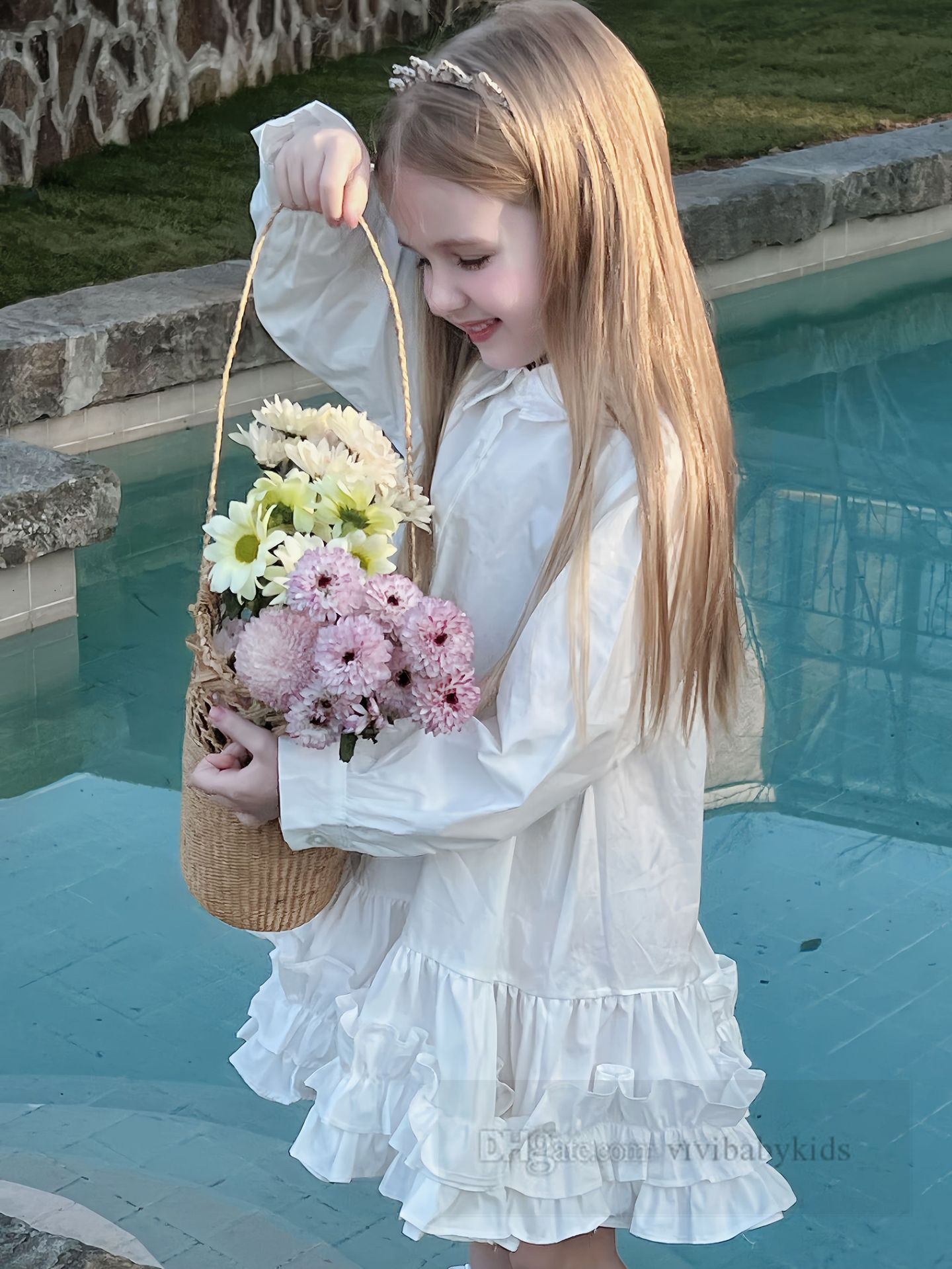 2024 Spring girls tiered falbala hem dresses kids lapel single breasted long sleeve shirt dress children princess clothes Z6970