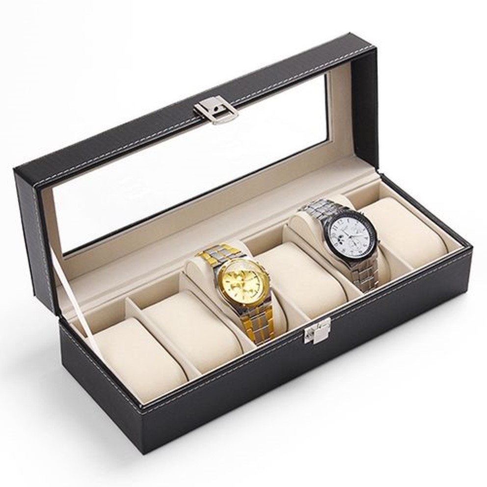 Boîte d'affichage de montre-bracelet en Faux cuir à 6 fentes, support de rangement, organisateur Case177S