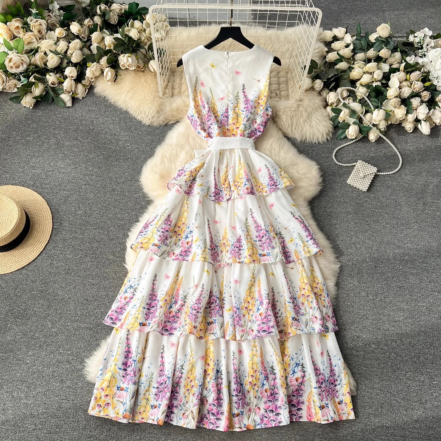 Pista feminina vestidos de verão bohemain em cascata babados bolo vestido moda feminina com decote em v sapghetti cinta flor impressão férias festa tanque vestidos 2024