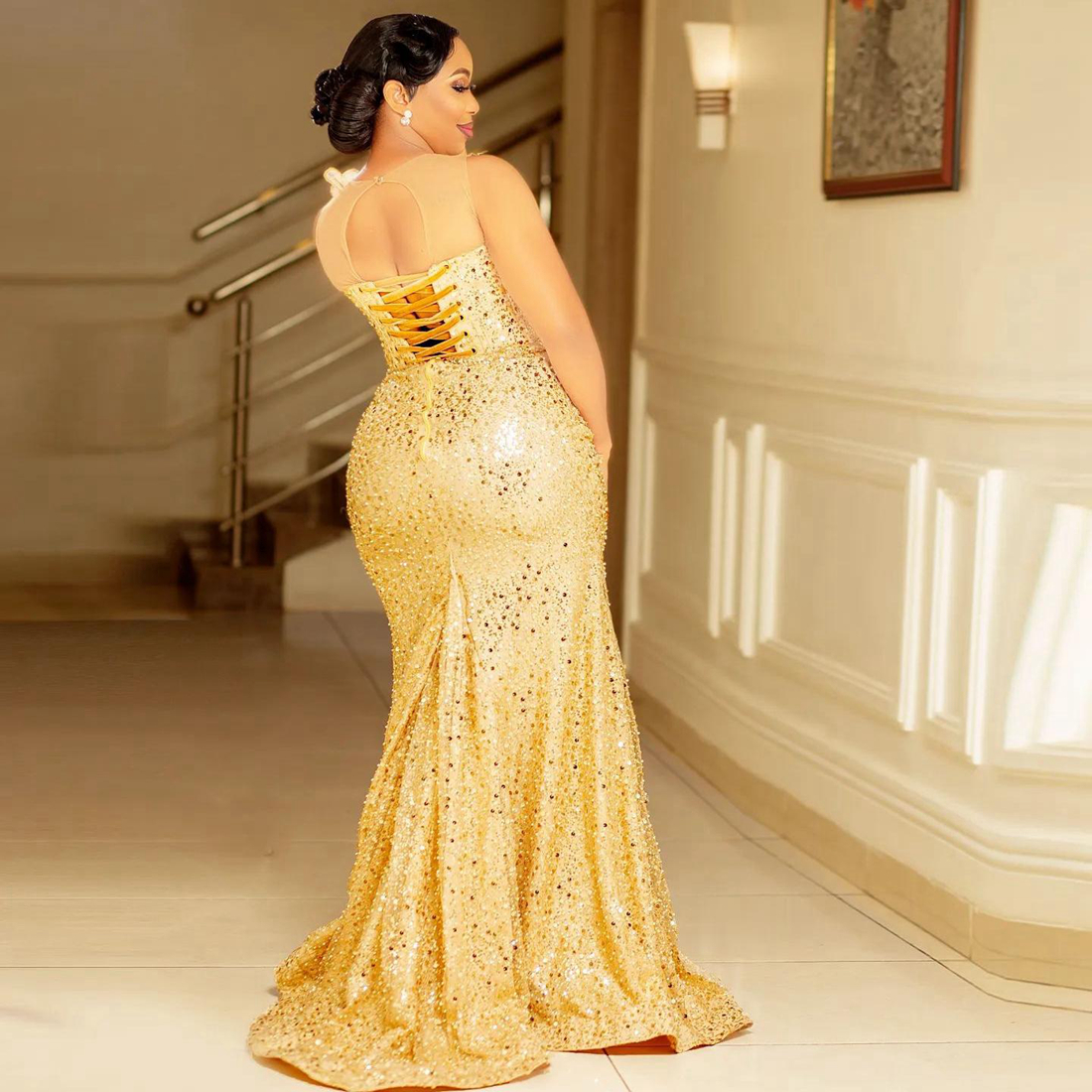 Nigeria African Aso Ebi Plus Size Prom Dresses Gold Evening Dresses Mermaid Sequin Lace Pearls Formal Birthday Dresses for Black Women Second Reception Gowns AM452