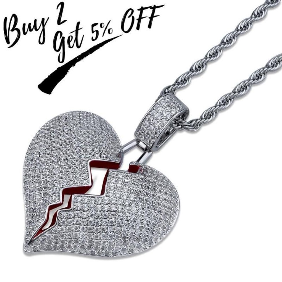 Iced Out Heart Necklace Pendant med 14 mm bredd Big Cuban Chain Gold Silver Color Cubic Zircon Men's Women Hip Hop Jewelry12322