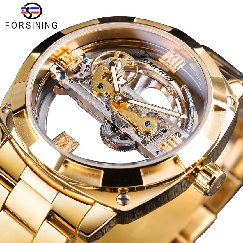 Forsining Montre mécanique dorée transparente pour hommes squelette Steampunk engrenage automatique auto-vent bracelet en acier inoxydable horloge Montre2832