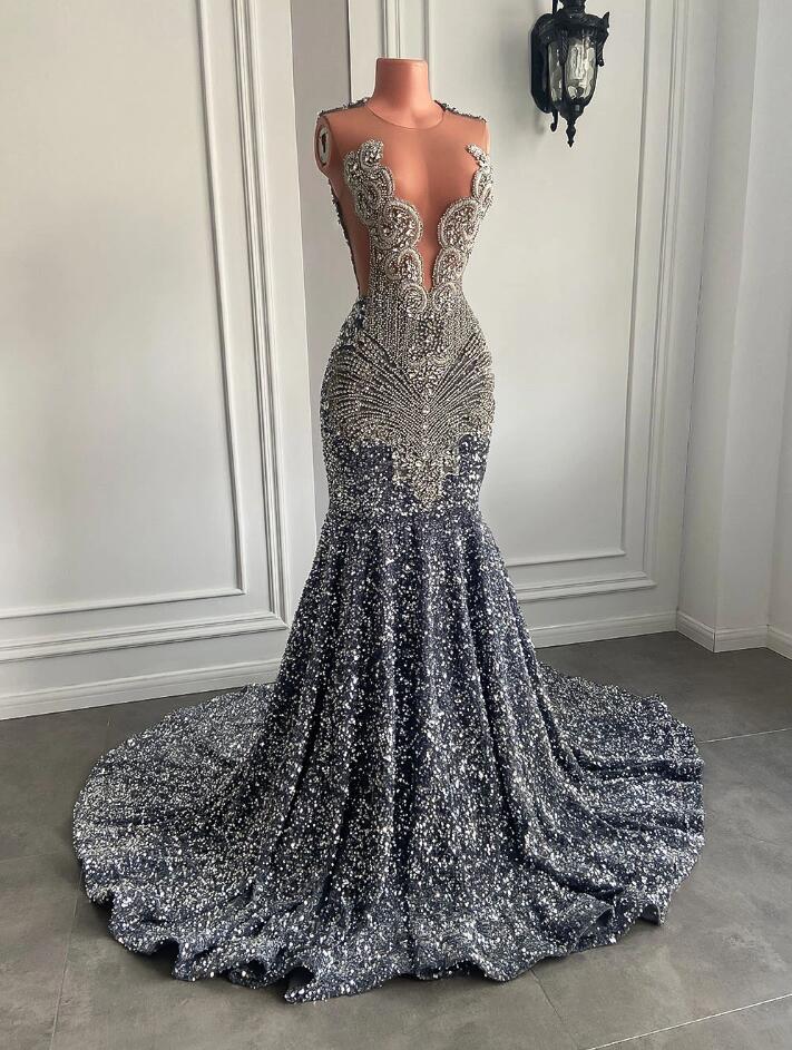 Sexy Silver Long Sparkly Sequined Mermaid Prom Dresses 2024 Sheer O-neck Luxury Beaded Crystals Diamond Black Girl Evening Party Gowns 0304