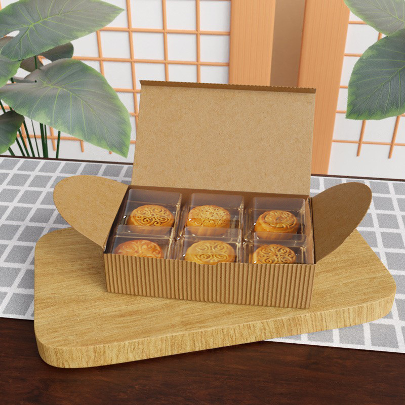 100st 6 Cavity Corrugated Mooncake Kraft Paper Box Jewel Present Soap Pappersförpackning Presentförpackning, bröllop Handgjorda matpaket 20.5x14.5x7cm