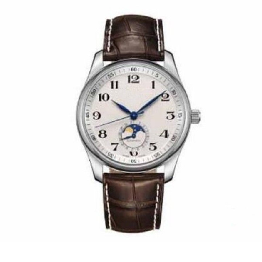 Montre classique pour hommes, mécanique et automatique, cadran blanc, bracelet en cuir marron, 001292a