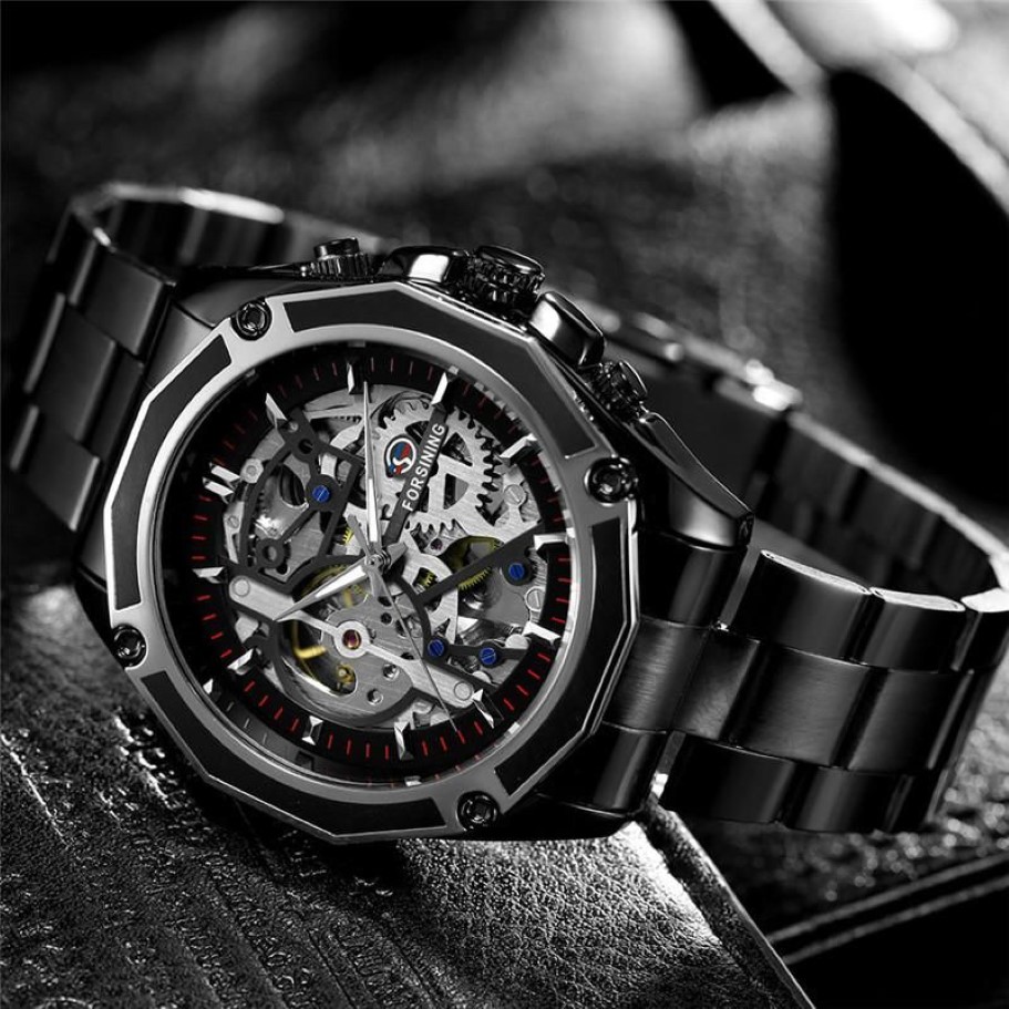 Forsining أوتوماتيكية للرجال الميكانيكيون Wristwatch Military Malk Clock Top Brand Luxury Black Steel Skeleton New Man Watch 8130 Y258p