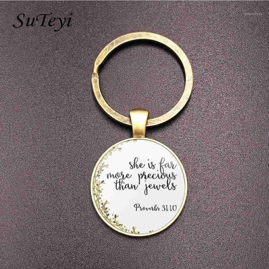 Suteyi Vintage Bronze Christian Bible Key Chain Holder Charms 성경 시편 유리 및 꽃 그림 키 체인 남성 여성 선물 12263