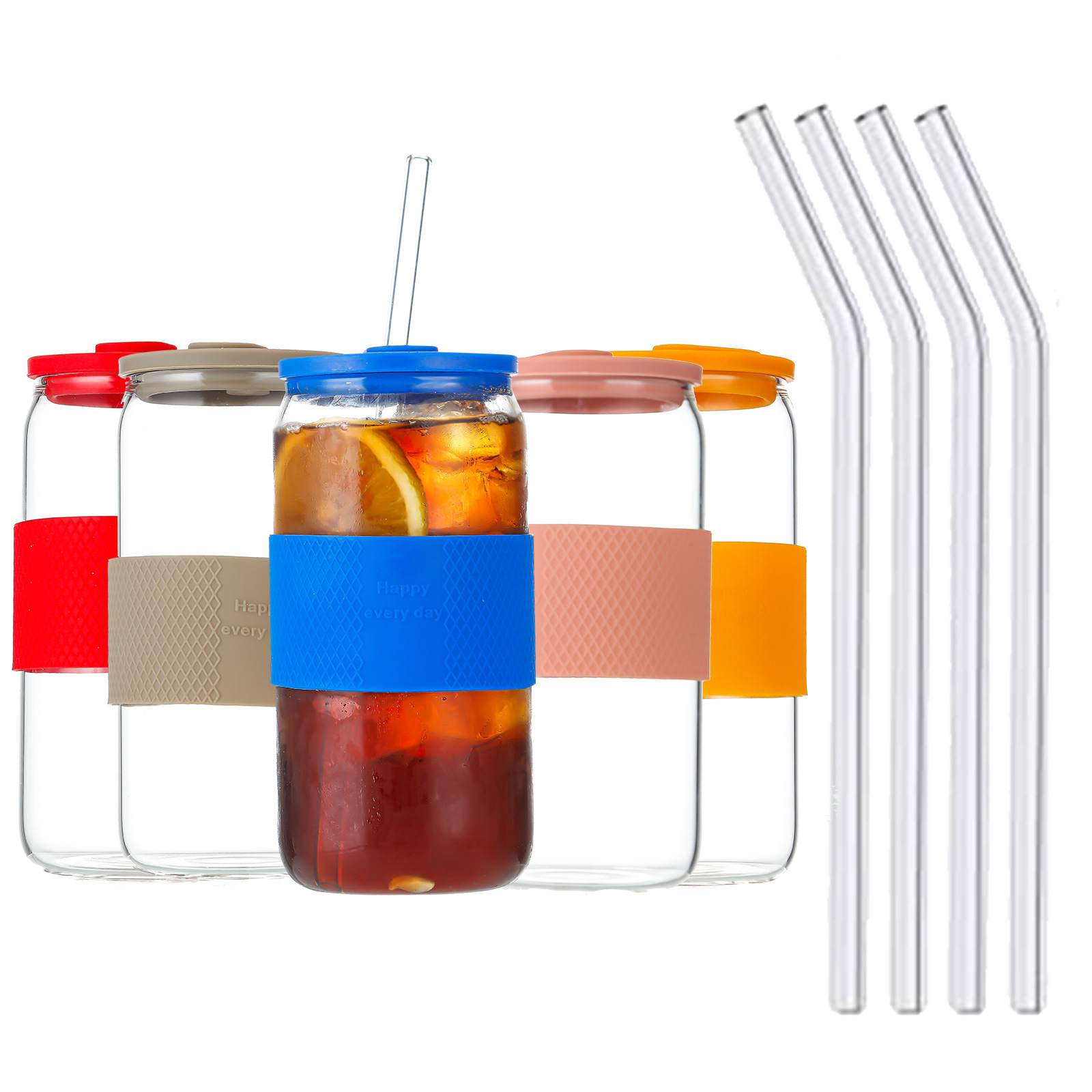 16/20oz Mason Glass Cups With Straw Colorful Rubber Sleeves Glass Tumbler For Beer Iced Coffee Soda Tea Water Juice