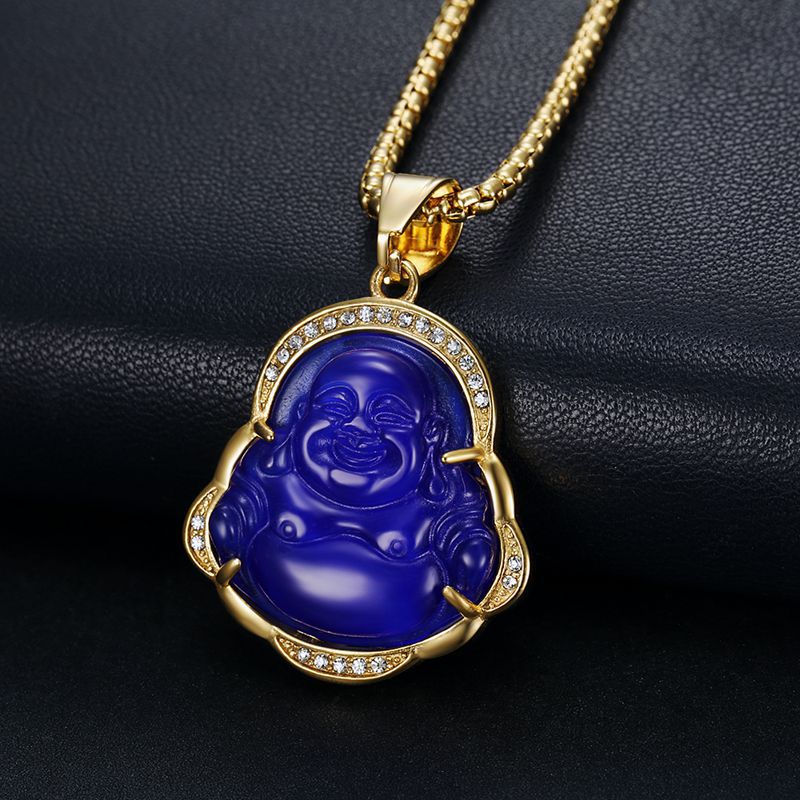 Hip Hop Vintage Multicolour Jade Maitreya Buddha Titanium Steel Pendant Halsband 18K Real Gold Plated Women Men smycken